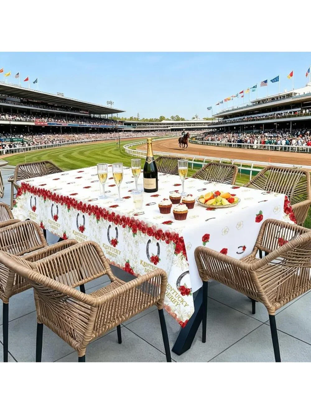 3 Pc Kentucky Derby Plastic Tablecloth Set 54x108 Red Rose Horse Racing Party